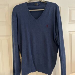 Polo by Ralph Lauren Men's V-Neck Sweater in Navy with Red Logo